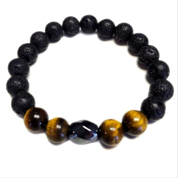 Men's black lava tiger eye stretch beaded bracelet, New in package - Picture 1 of 2
